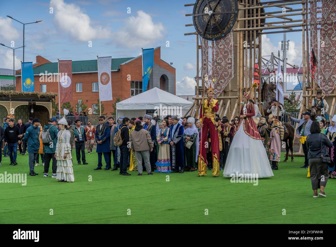 The Kazakh people in traditional clothes and festive attires, during the culture event at World Nomad Games in Astana, Kazakhstan, Central Asia. Stock Photo