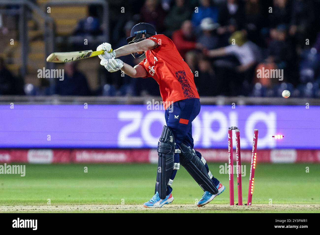 #93, Jordan Cox of England is bowled by #77, Sean Abbott of Australia during the Second Vitality T20 International match between England and Australia at Sofia Gardens, Cardiff on Friday 13th September 2024. (Photo: Stuart Leggett | MI News) Credit: MI News & Sport /Alamy Live News Stock Photo