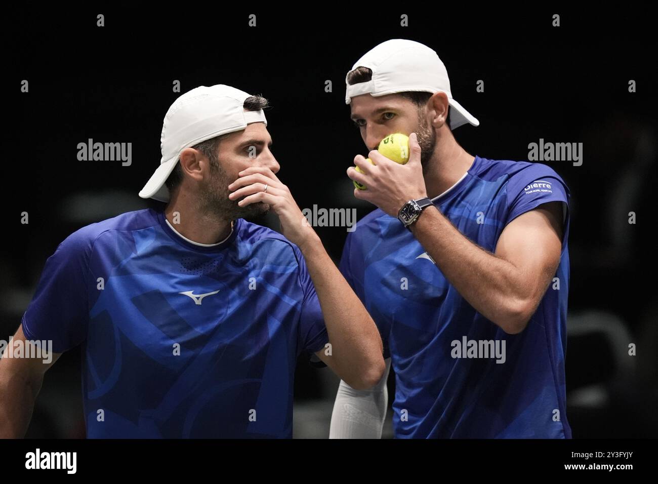 Bologna, Italy. 13th Sep, 2024. Andrea Vavassori and Simone Bolelli during 2024 Davis Cup Finals Group A match between Simone Bolelli/Andrea Vavassori (Italy) and Sander Gille/Joran Vliegen (Belgium) at the Unipol Arena, Bologna, Italy - September 13, 2024. Sport - Tennis. (Photo by Massimo Paolone/LaPresse) Credit: LaPresse/Alamy Live News Stock Photo