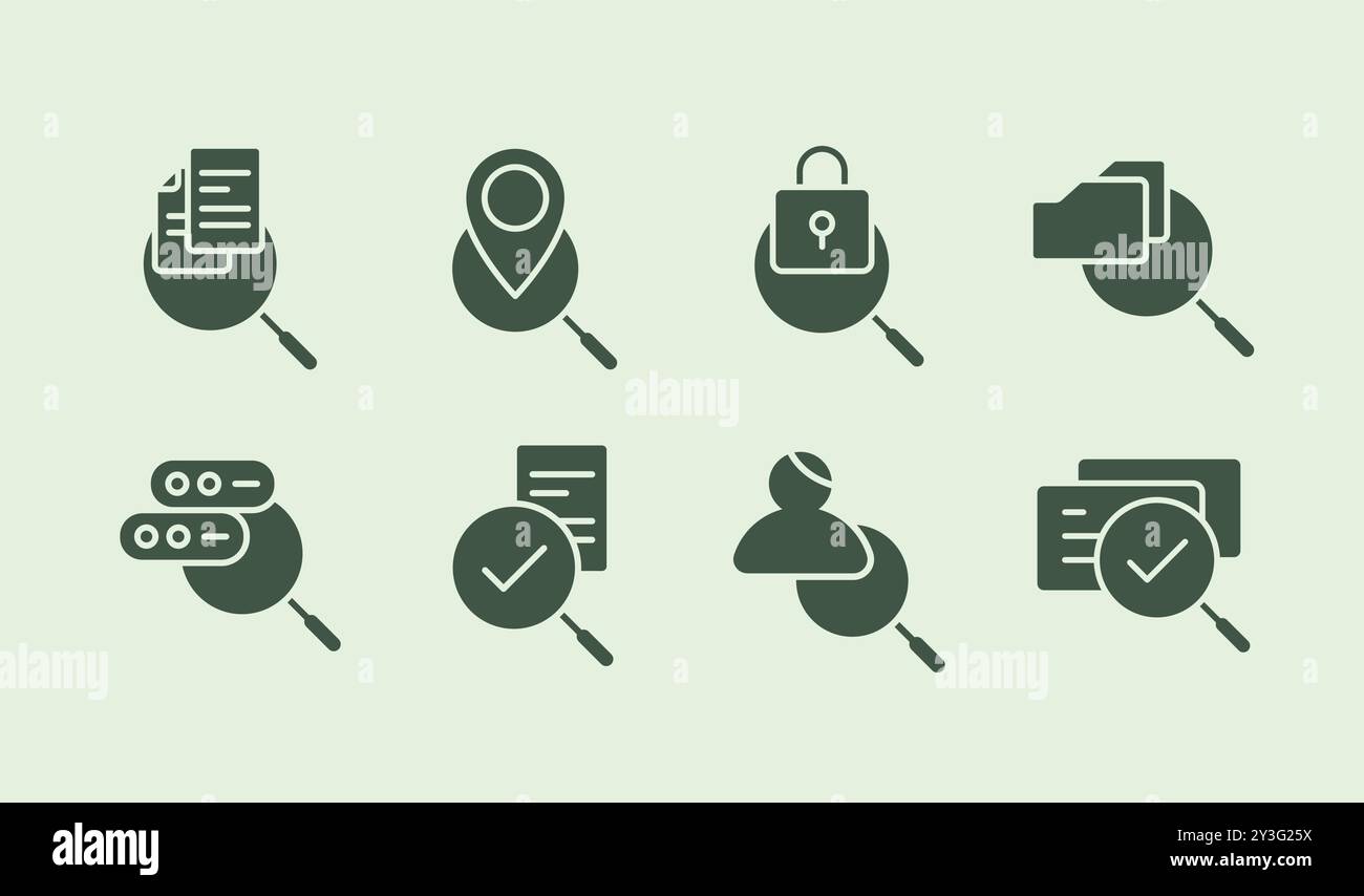 Service and document search and management presentation solid icon illustration set design Stock Vector