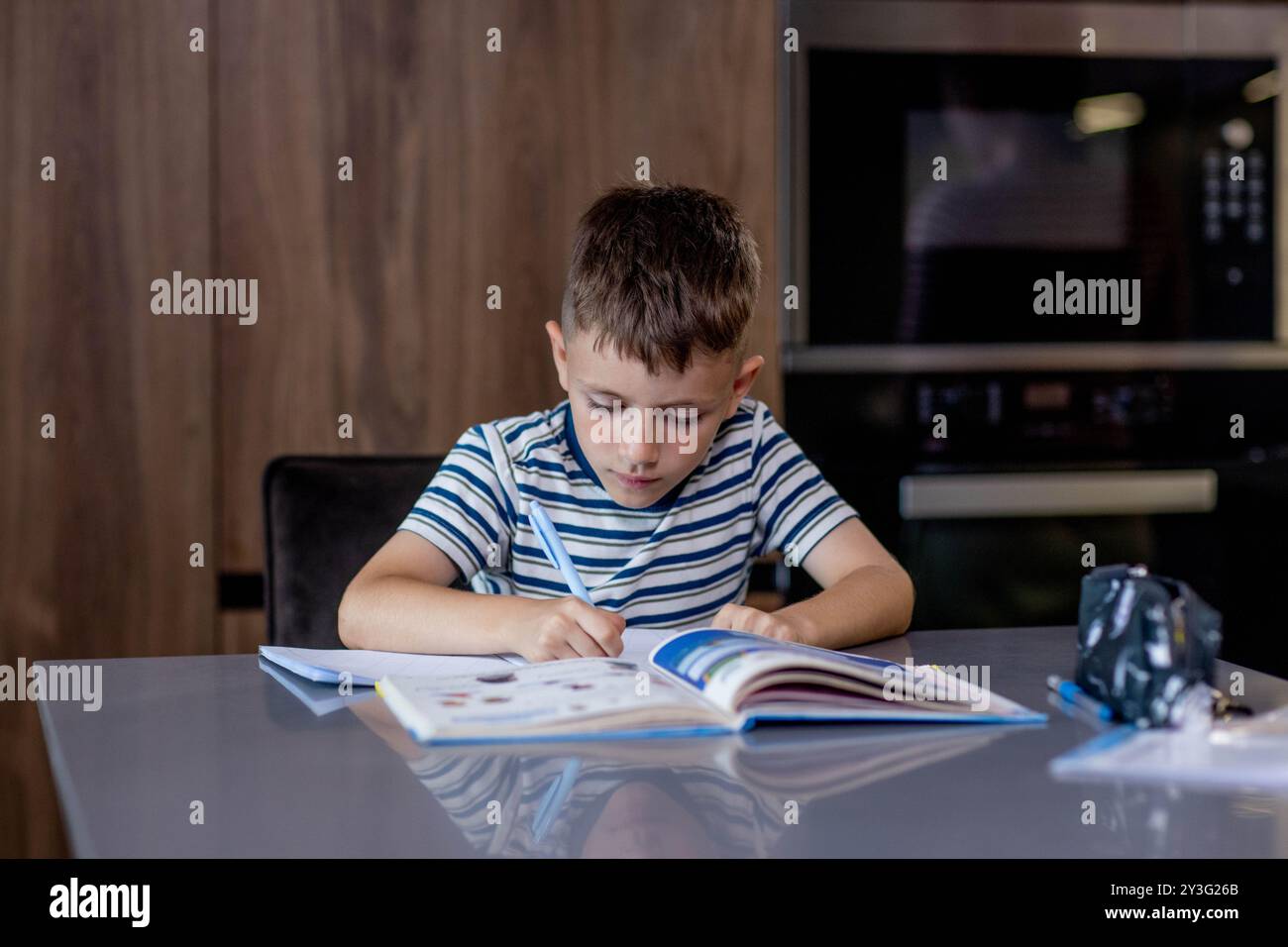 Boy is doing his homework in the kitchen. Stock Photo