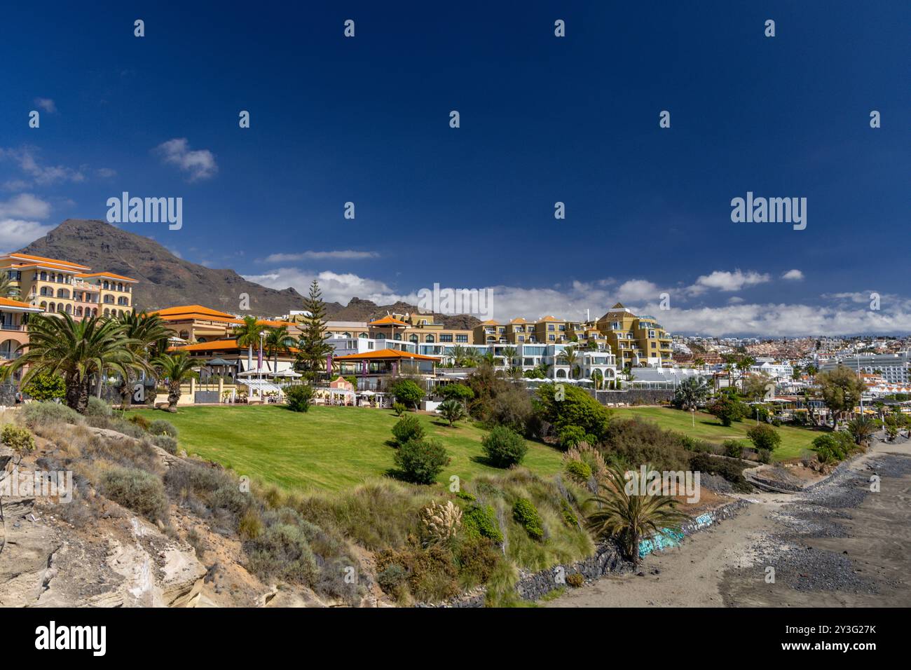 Villas on the Atlantic coast in the Canary Islands, millionaire homes in Costa Adeje, apartment buildings on the coast of Playa del Duque Stock Photo