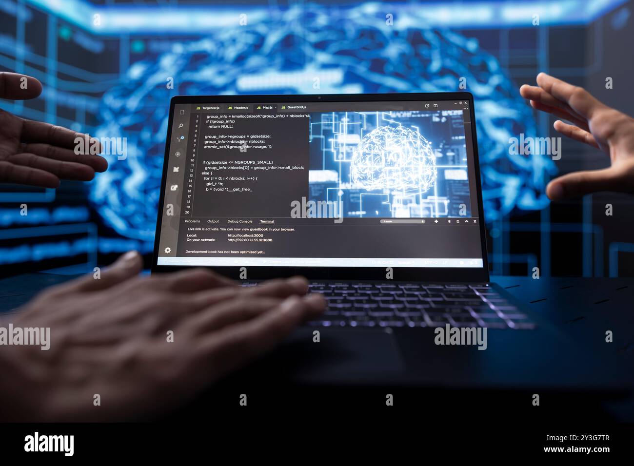 Software developers running AI cognitive computing tech on laptop to simulate computerized model. Close up of notebook used by IT experts in workplace to do data mining with self learning algorithms Stock Photo