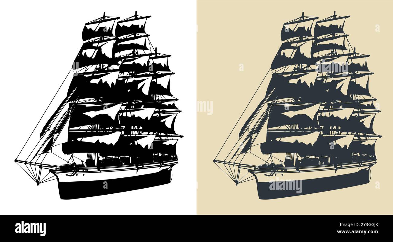 Stylized vector illustrations of a large sailing ship Stock Vector ...