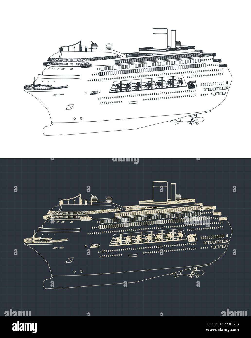 Stylized vector illustrations of isometric blueprints of a large cruise ...