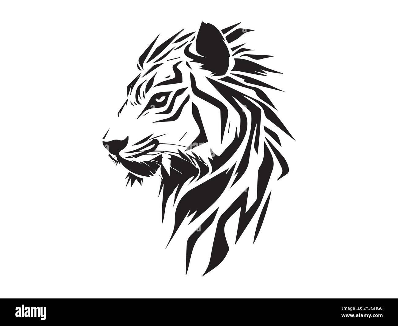 Black Silhouette of a Tiger Head on a White Background. Concept of Wild Animal Illustration, Fearless Predator, Minimalist Style, Bold Design Element. Stock Vector