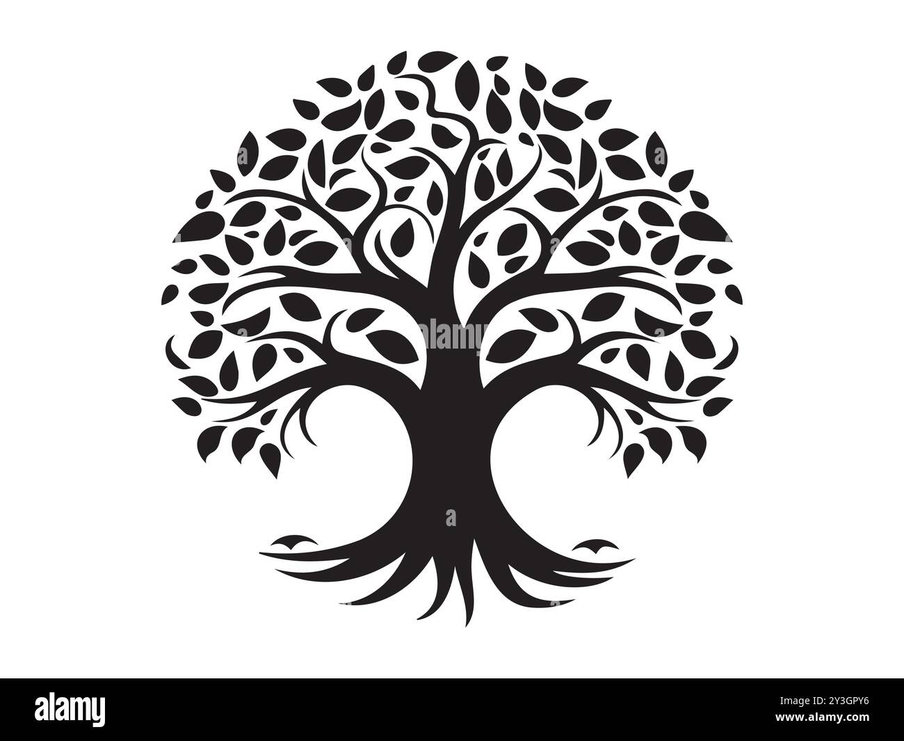 Black silhouette of a tree with intricate branches and leaves isolated ...