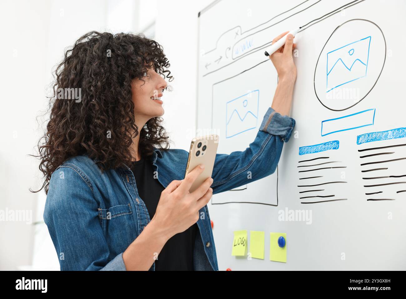 Developing UI design. Woman drawing website wireframe on whiteboard indoors Stock Photo