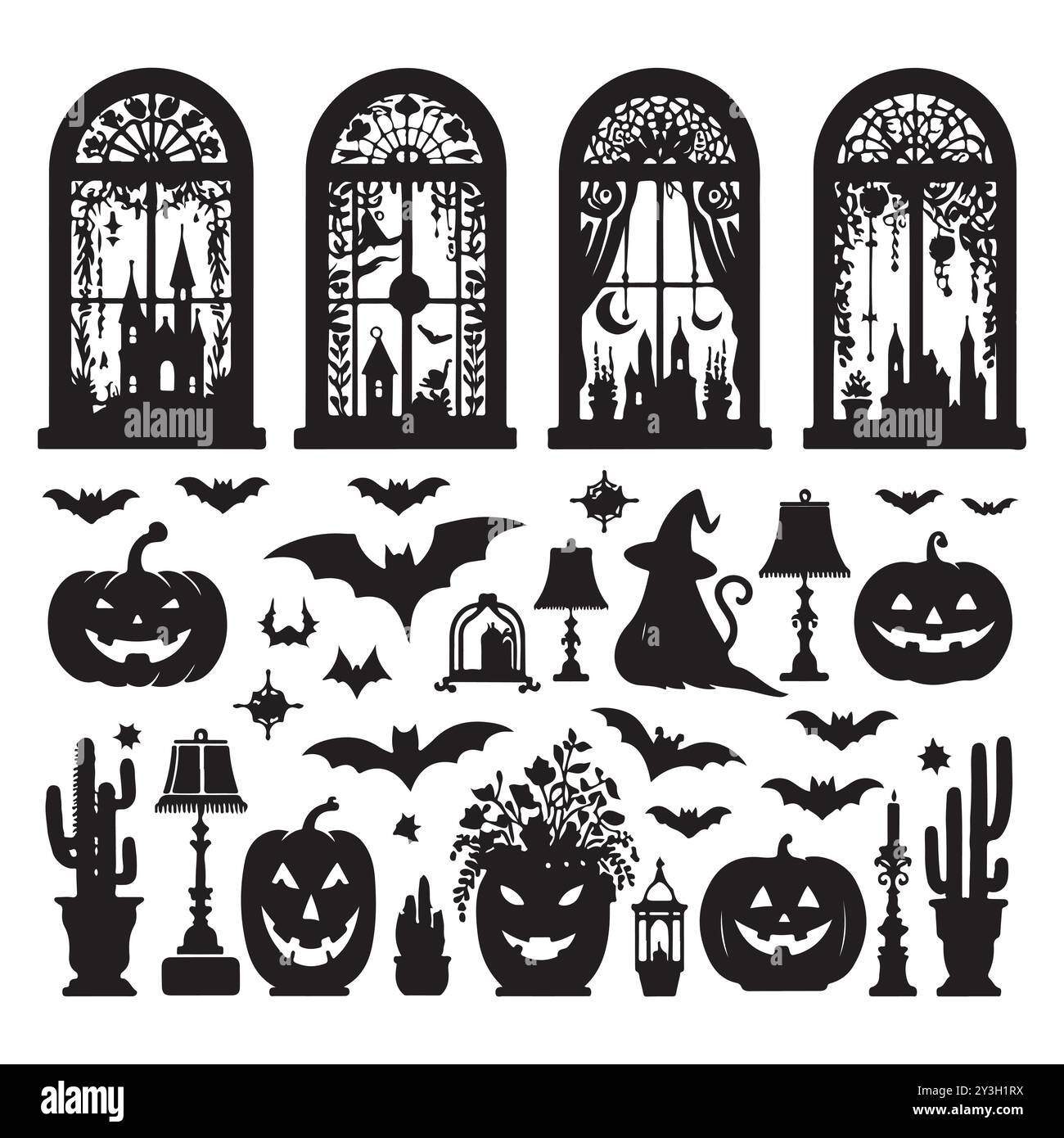 Set of Halloween window silhouettes isolated on a white background, Vector illustration. Stock Vector