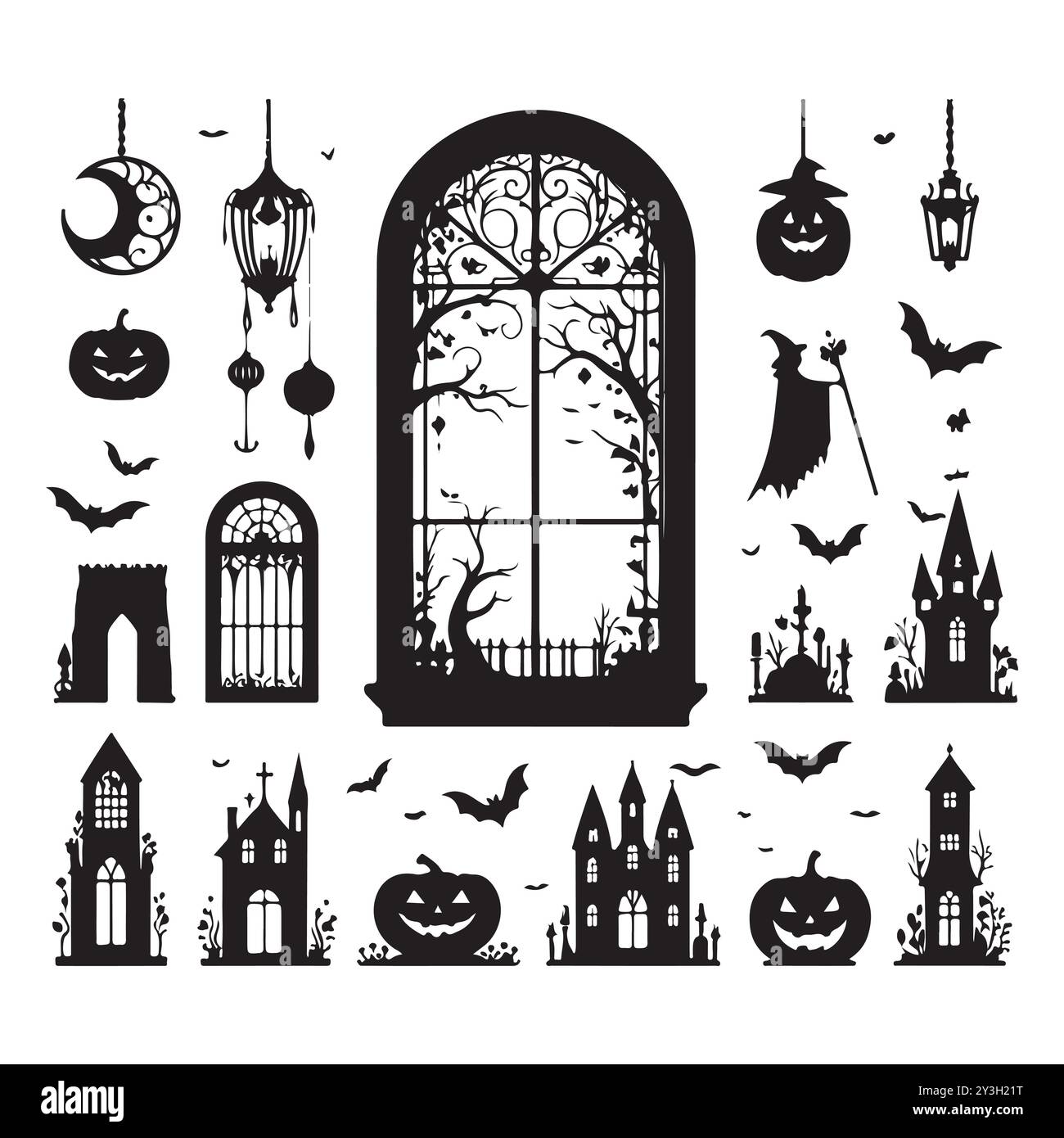 Set of Halloween window silhouettes isolated on a white background, Vector illustration. Stock Vector