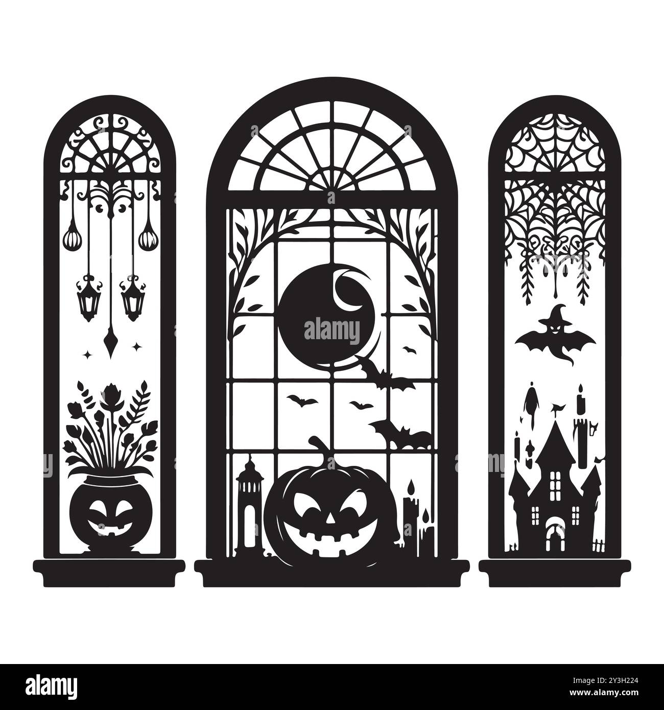 Set of Halloween window silhouettes isolated on a white background, Vector illustration. Stock Vector