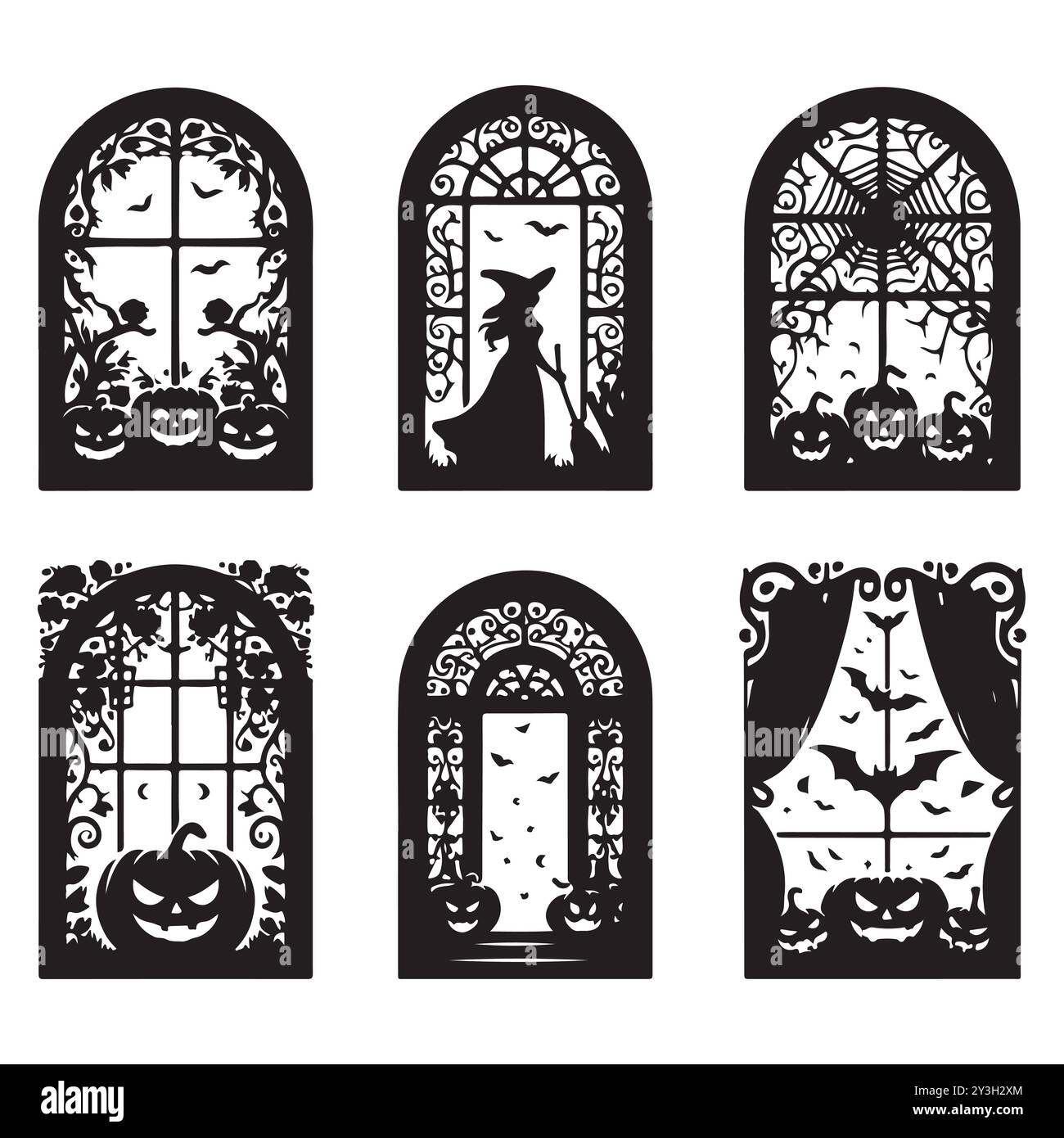 Set of Halloween window silhouettes isolated on a white background, Vector illustration. Stock Vector