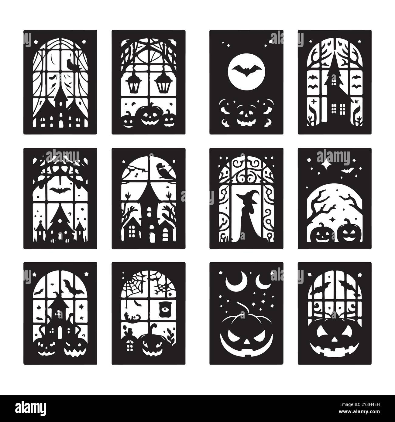 Set of Halloween window silhouettes isolated on a white background, Vector illustration. Stock Vector