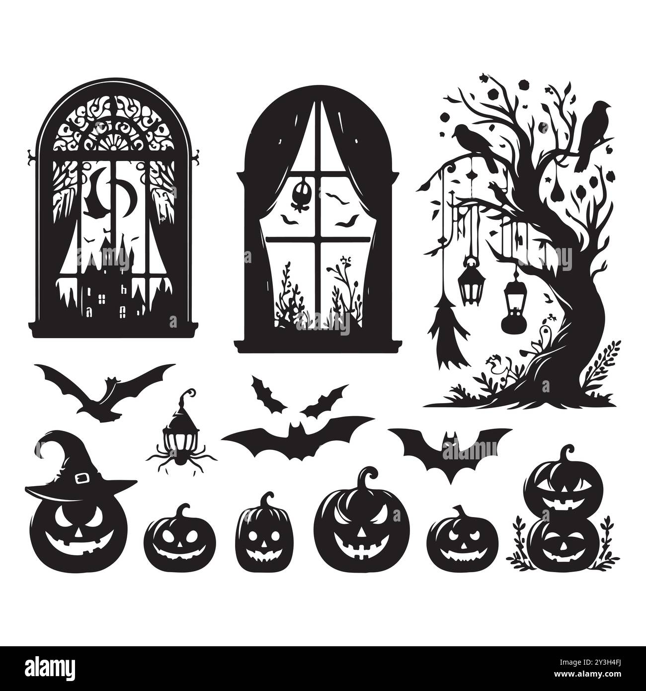 Set of Halloween window silhouettes isolated on a white background, Vector illustration. Stock Vector