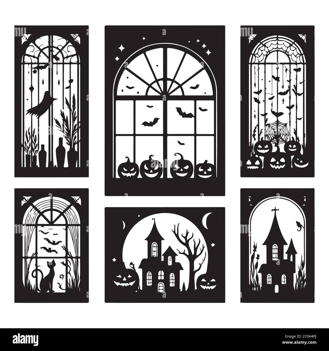 Set Of Halloween Window Silhouettes Isolated On A White Background Set Of Halloween Window Silhouettes Isolated On A White Background