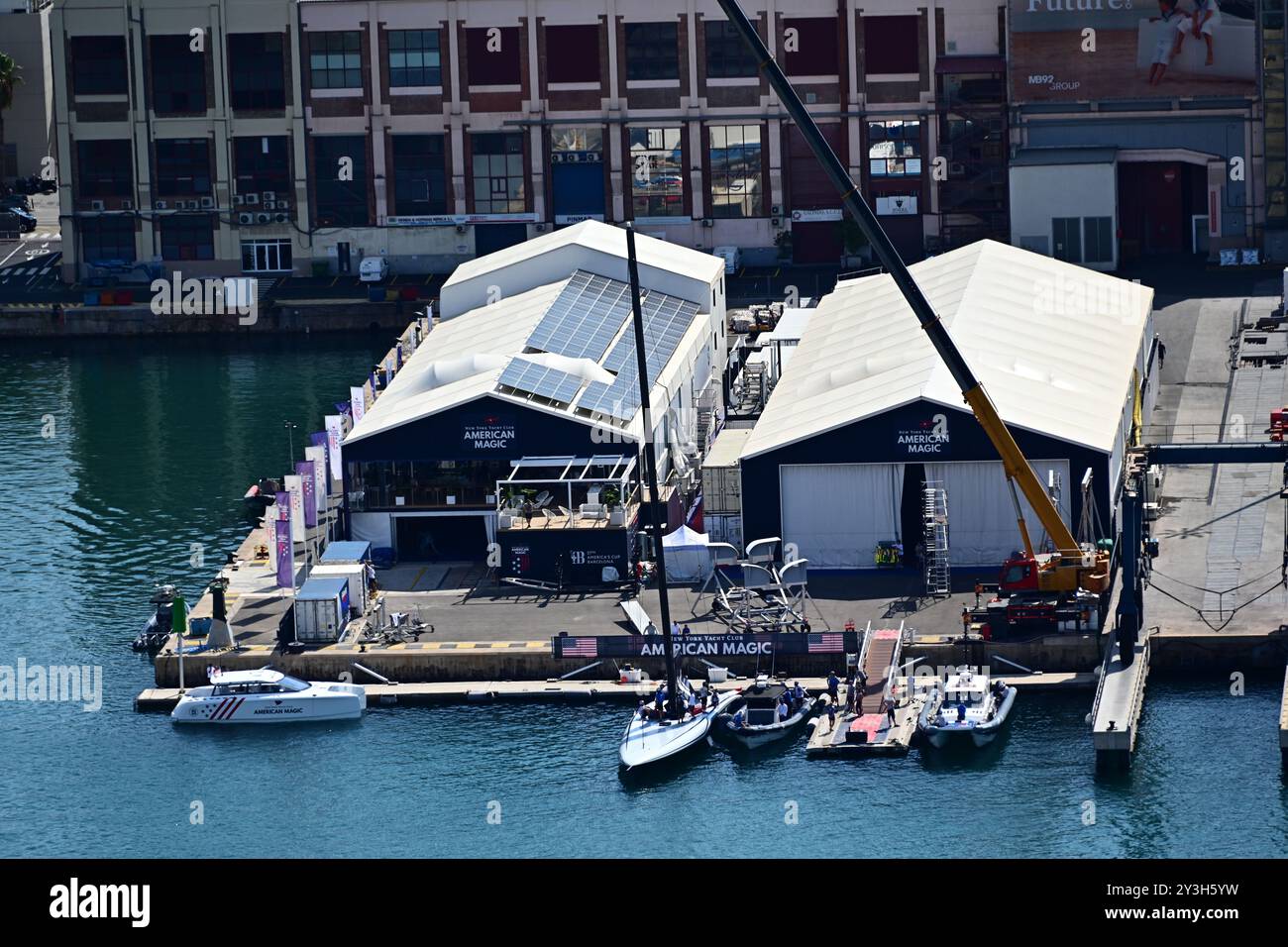 The view from the Port Vell Aerial Tramway of the American Magic Base during the Louis Vuitton 37th America’s Cup Yacht Racing Regatta in Barcelona Stock Photo