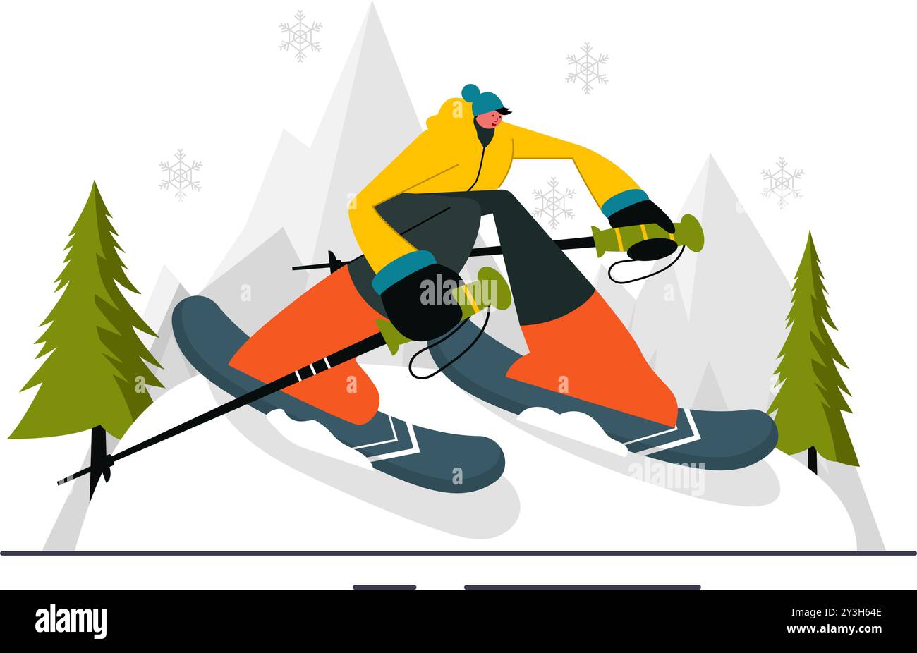 Skiing Vector Illustration featuring Skiers Sliding Down a Mountain at a Ski Resort in Flat Winter Sports Activities Style Cartoon Background Stock Vector