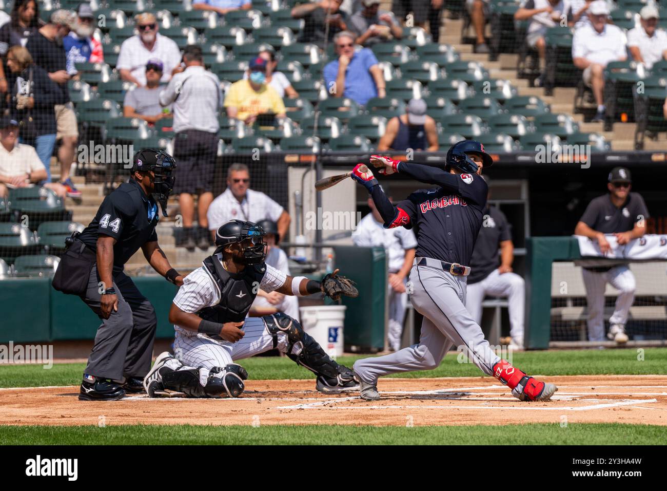 Chicago, USA. 11th Sep, 2024. Andrés Giménez (0) of the Cleveland Guardians swings at a pitch with Chuckie Robinson (47) of the Chicago White Sox catching during the Chicago White Sox vs Cleveland Guardians MLB Game at Guaranteed Rate Field. Final Score: Chicago White Sox - 4, Cleveland Guardians - 6. (Photo by Raj Chavda/SOPA Image) Credit: SOPA Images Limited/Alamy Live News Stock Photo