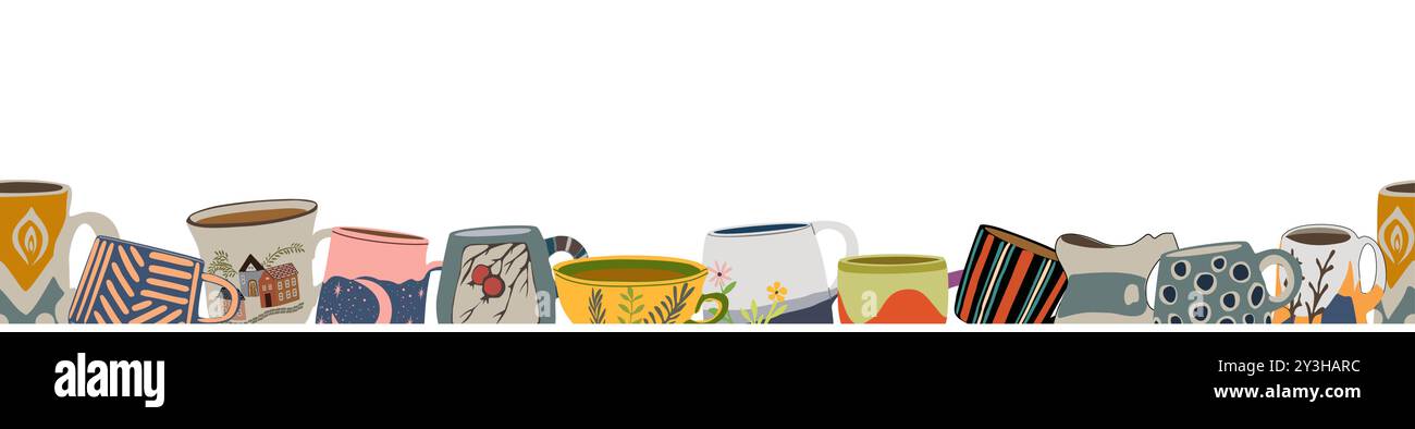 Tea Cups seamless border. Repeating mugs pattern Stock Vector Image ...