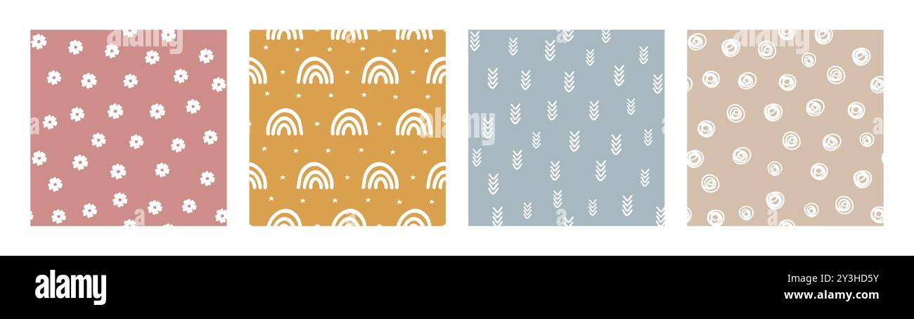 Bohemian Baby pattern. Set of Boho print for kids with flowers, rainbows, arrows and circles. Gender Neutral Nursery Cute Ornaments. Vector Stock Vector