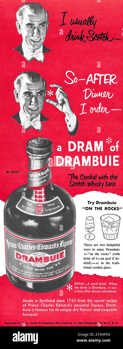 1951 U.S. advertisement for Drambuie, Prince Charles Edward's Liqueur. Stock Photo
