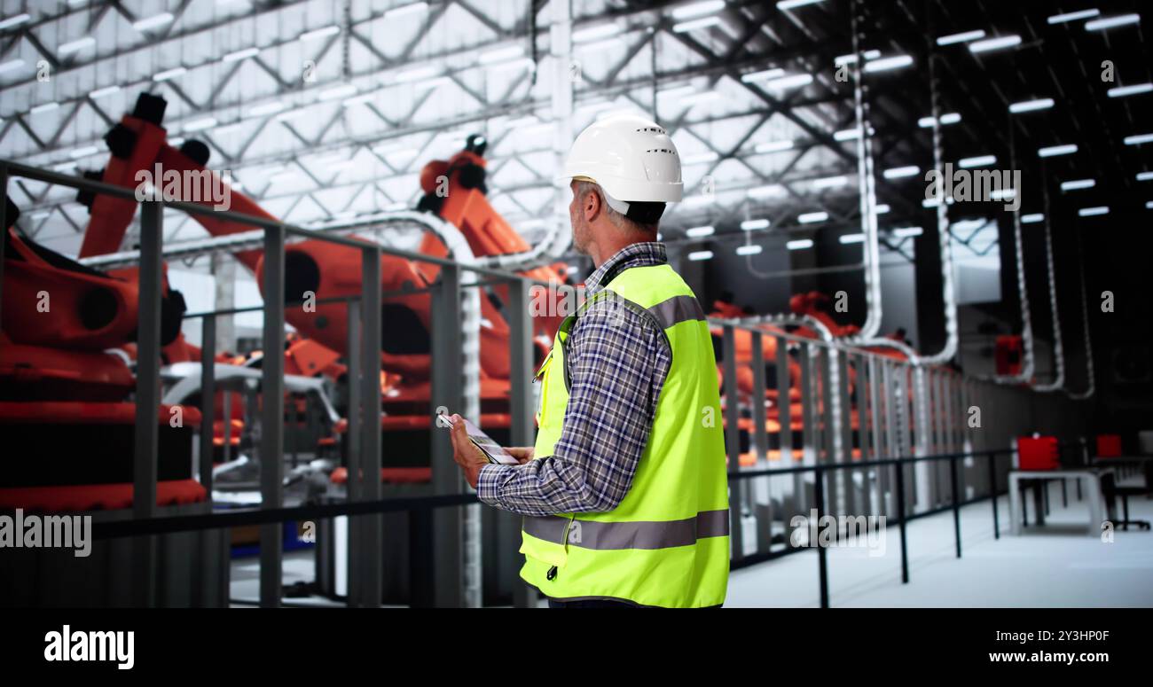 Worker In Automotive Car Factory Using Tablet Stock Photo