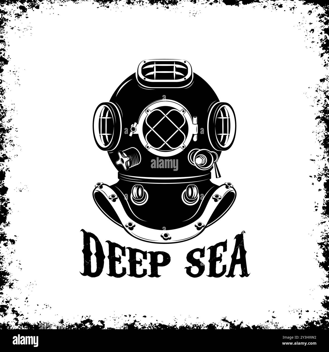 Deep Sea. Old style diver helmet on grunge background. Design element for t-shirt print, poster ...