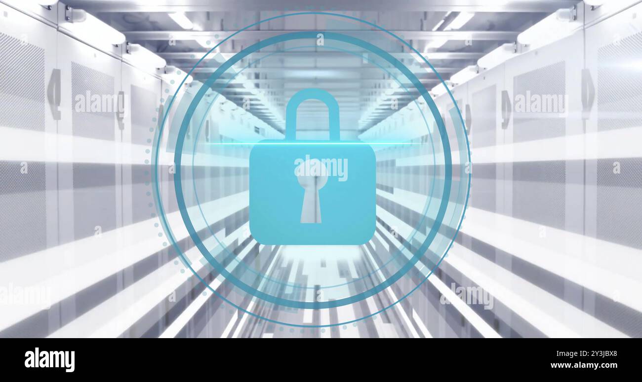 Image of padlock icon and digital data processing over computer servers Stock Photo