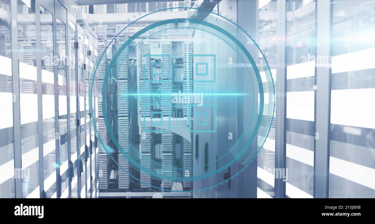 Image of qr code icon and digital data processing over computer servers Stock Photo