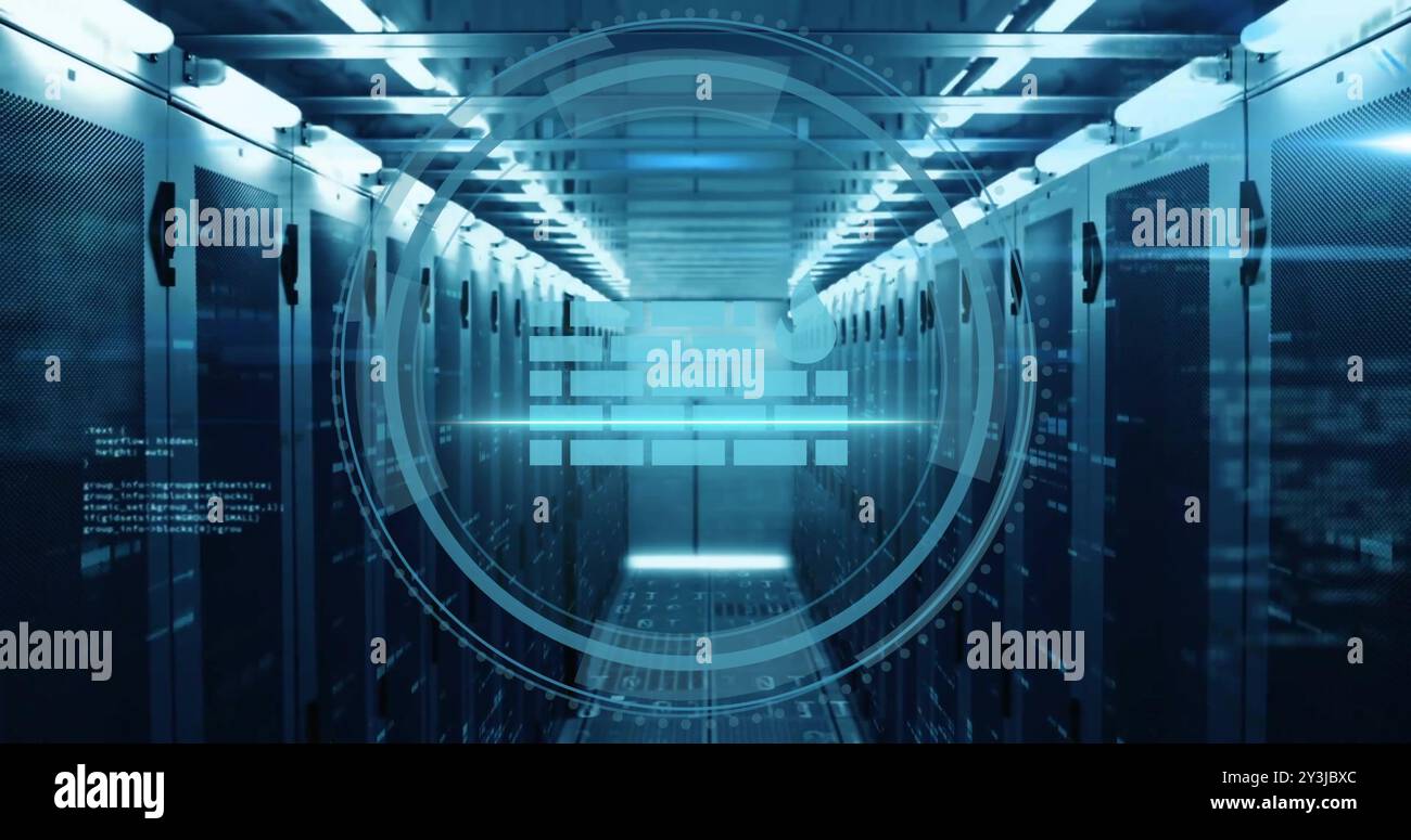 Image of firewall icon and digital data processing over computer servers Stock Photo