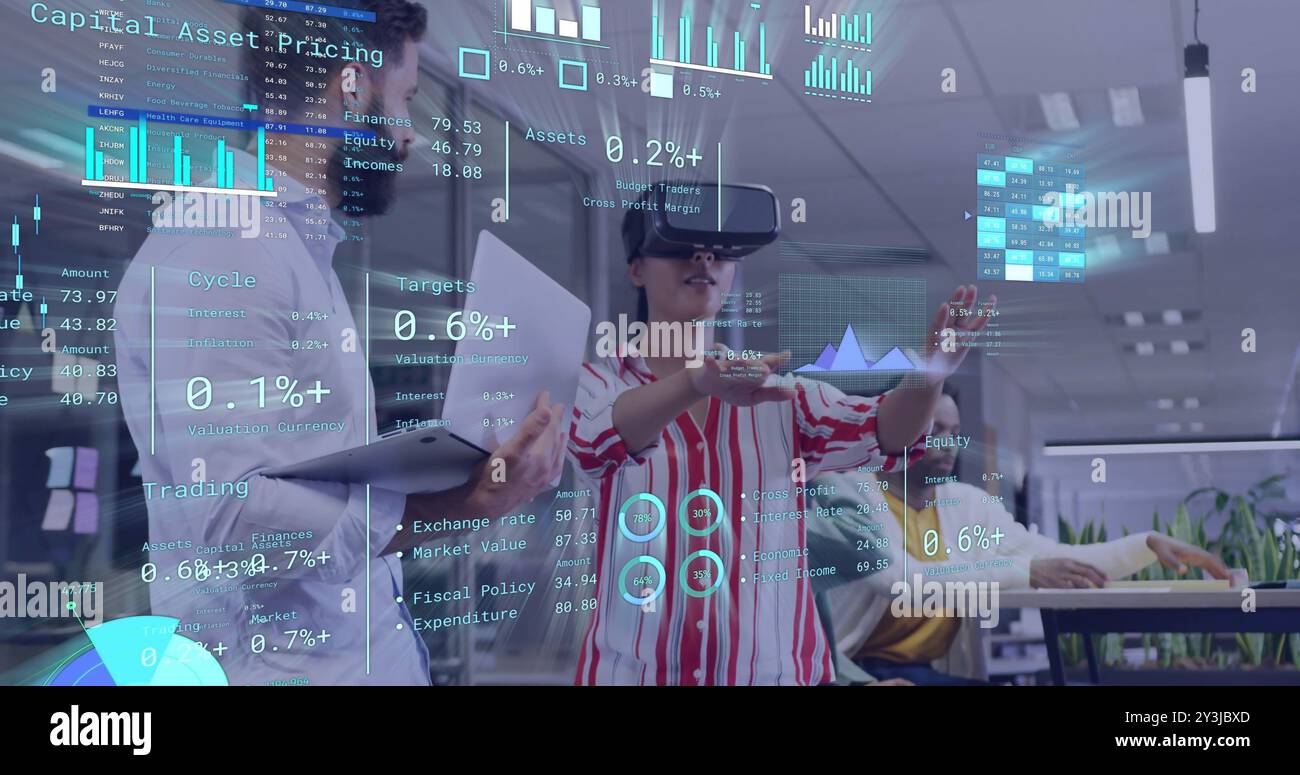 Image of diagrams and data processing over diverse colleagues using vr headset in office Stock Photo