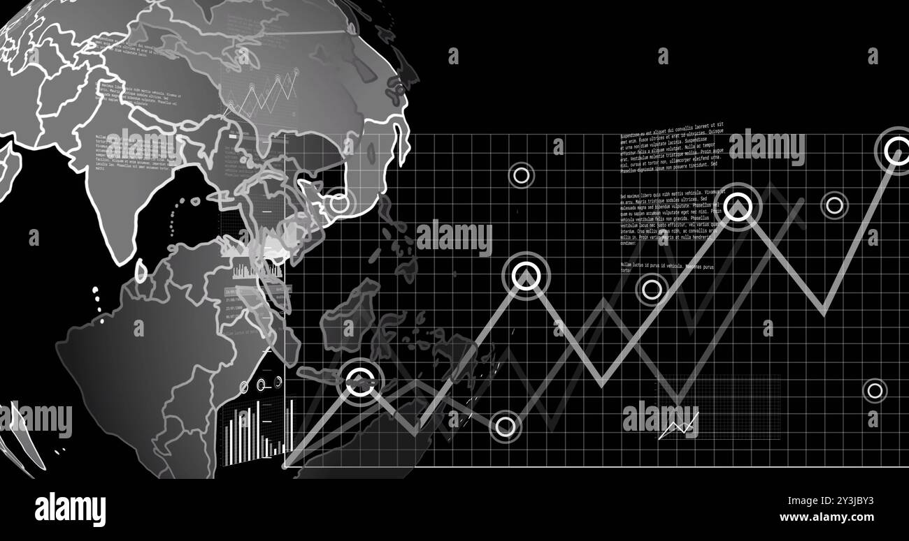 Image of financial data processing and globe over black background Stock Photo