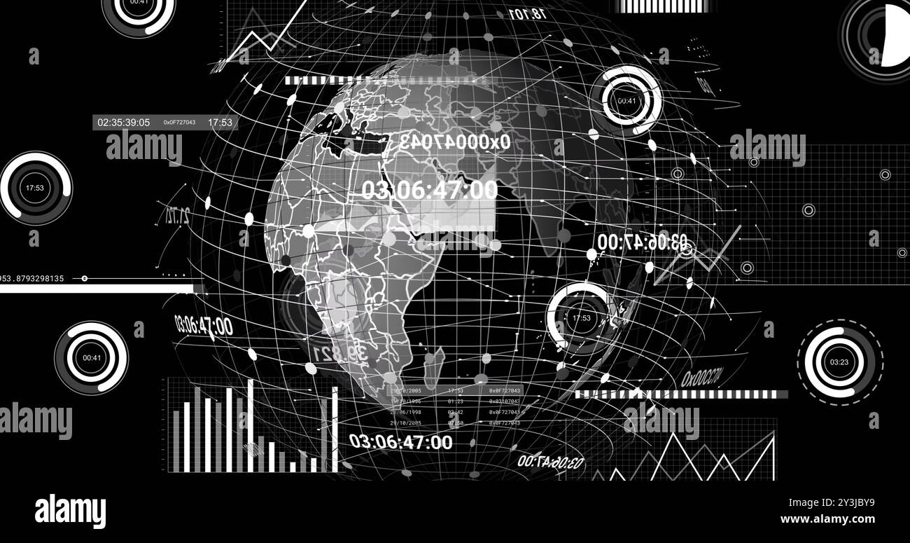 Image of financial data processing and globe over black background Stock Photo