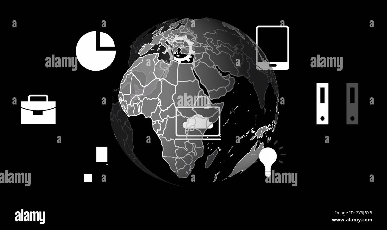 Image of digital data processing and globe over black background Stock Photo