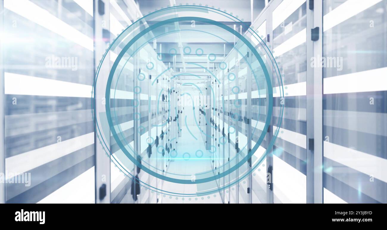 Image of biometric fingerprint icon and digital data processing over computer servers Stock Photo