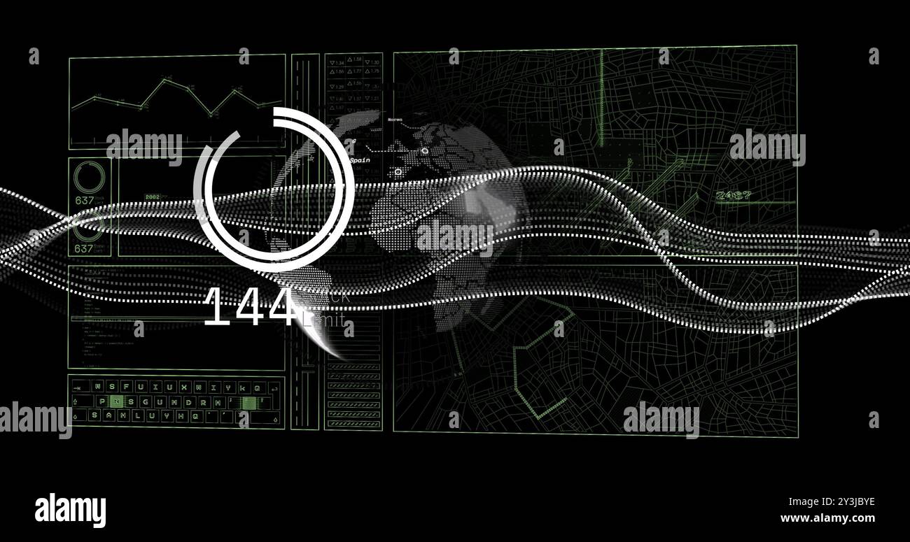 Image of financial data processing and globe over black background Stock Photo