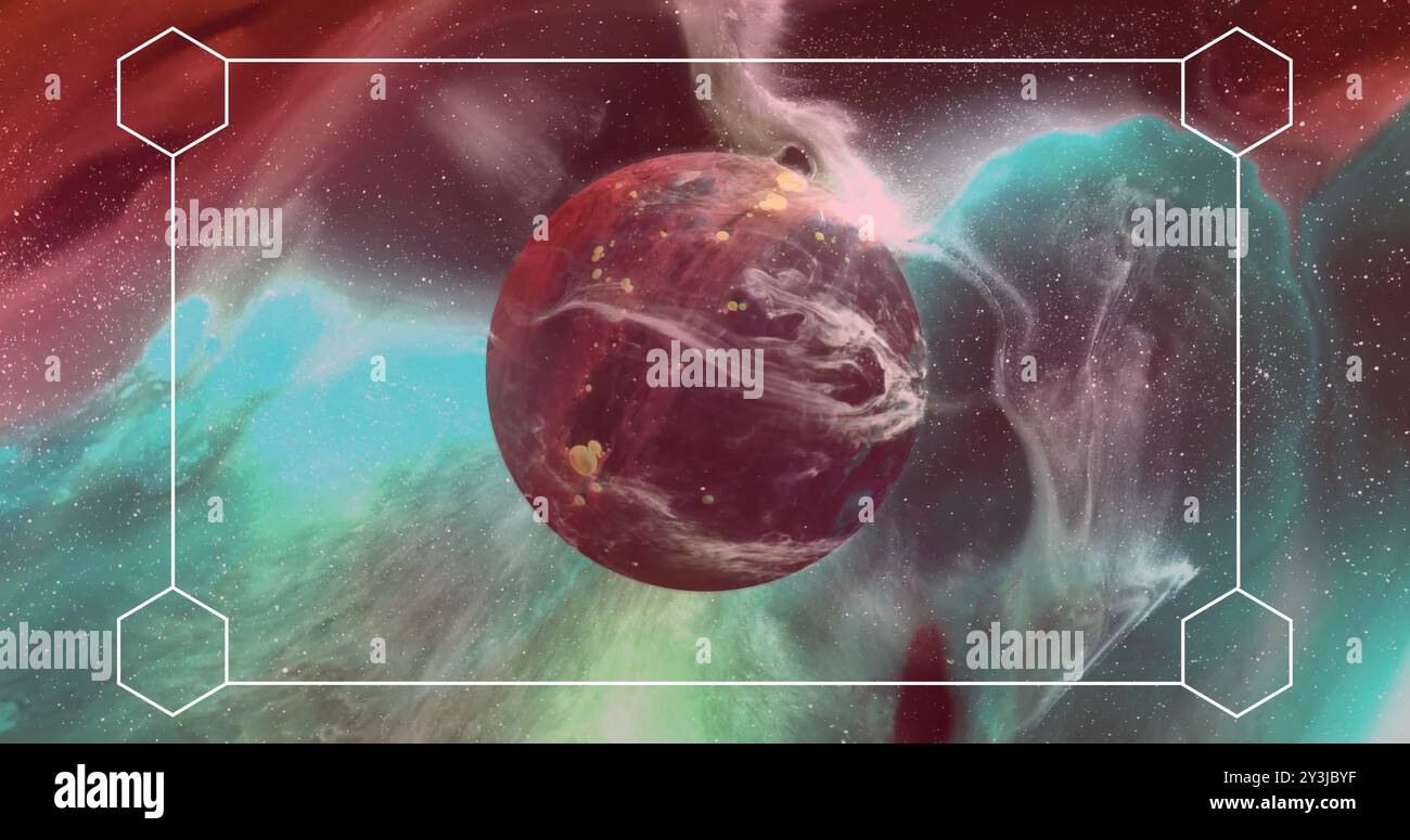 Image of white frame over planet on sky with stars Stock Photo