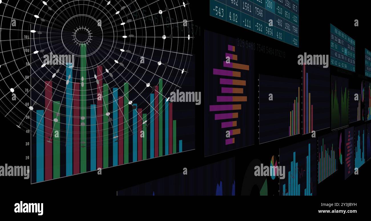 Image of digital data processing and globe over black background Stock Photo