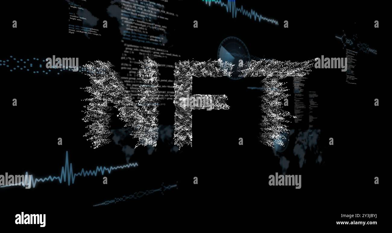Image of financial data processing and nft text over black background Stock Photo