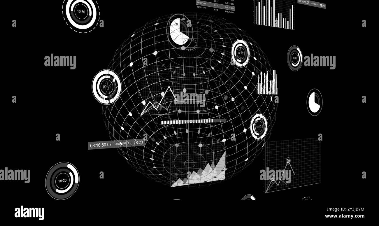 Image of financial data processing and globe over black background Stock Photo