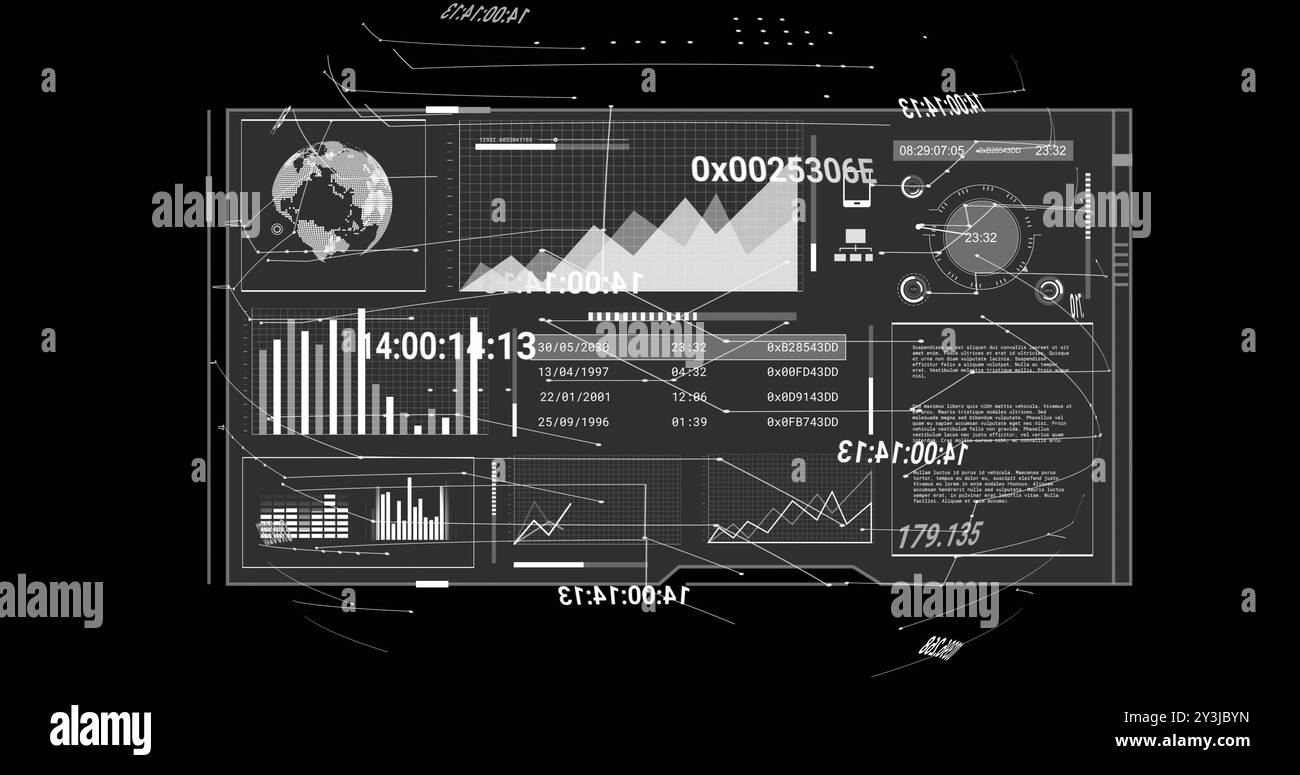Image of financial data processing and globe over black background Stock Photo