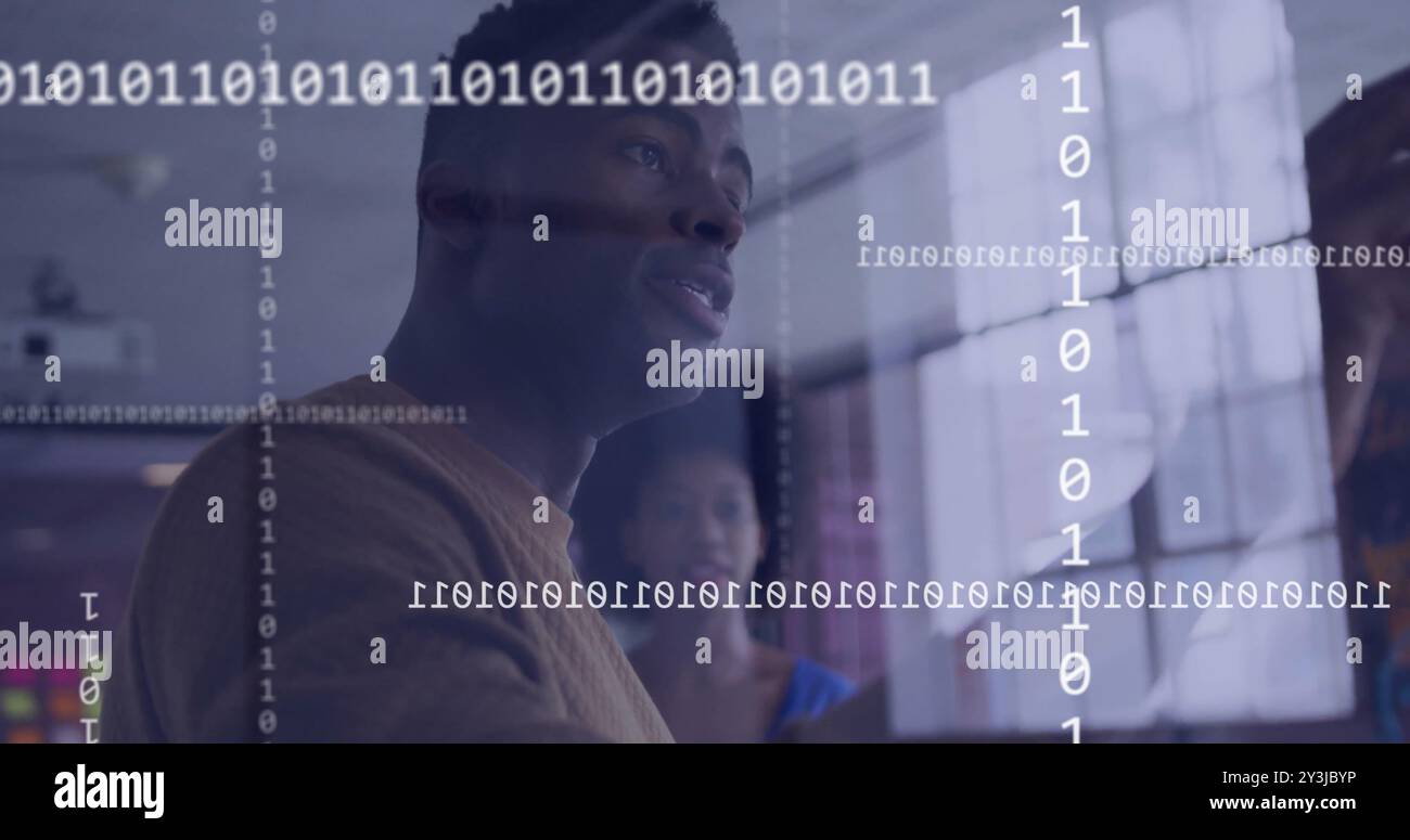 Image of binary coding over diverse colleagues discussing work in office Stock Photo