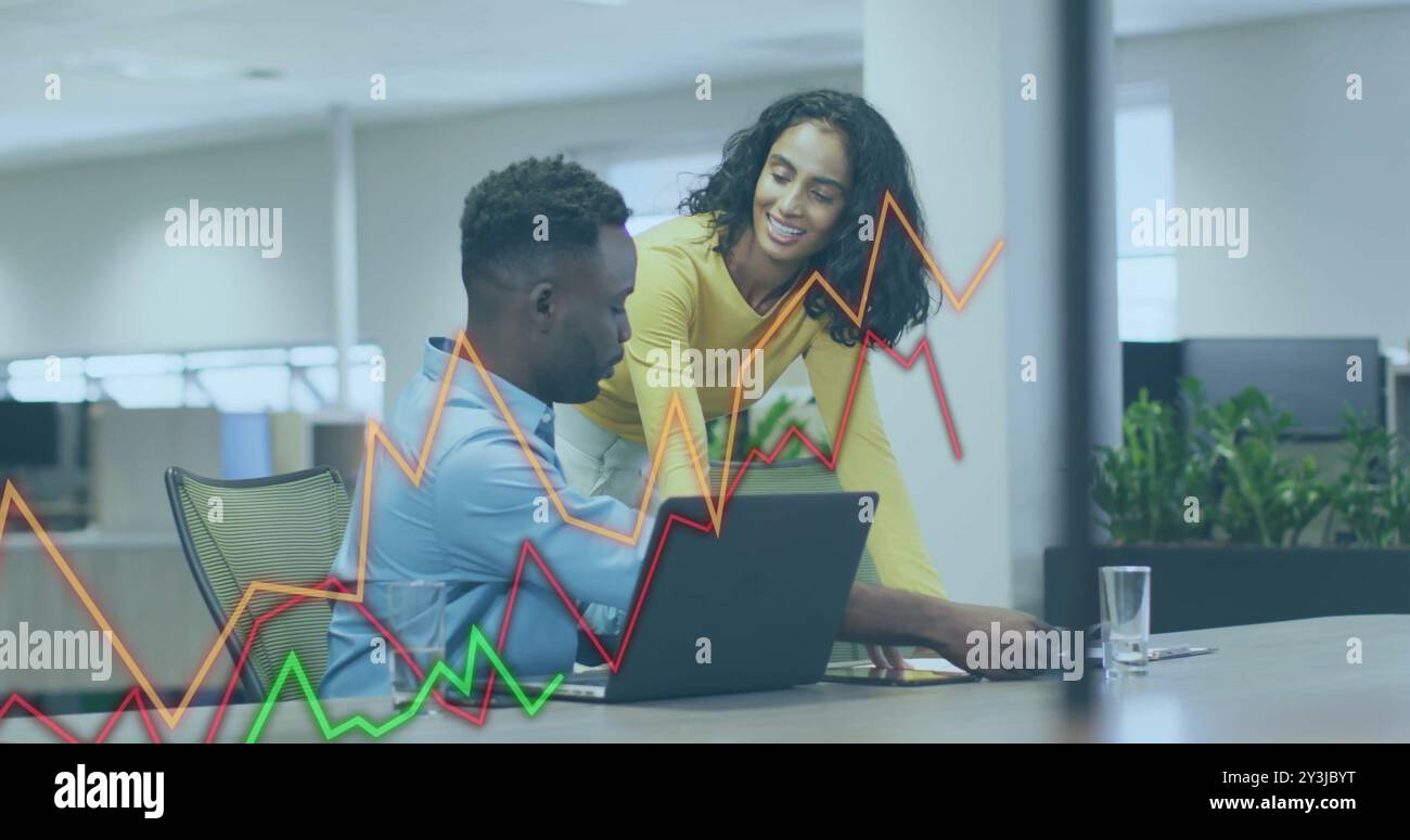 Image of financial data processing over diverse colleagues discussing work in office Stock Photo