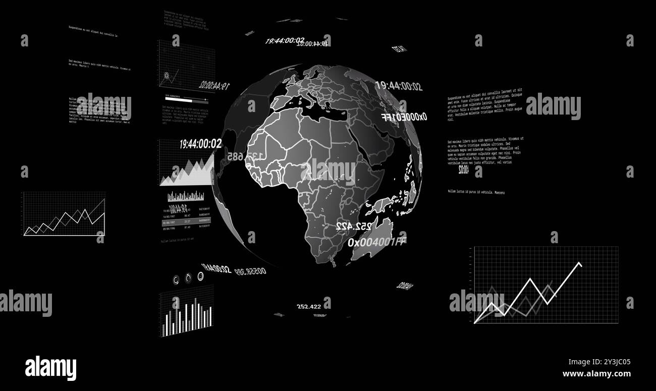 Image of financial data processing and globe over black background Stock Photo