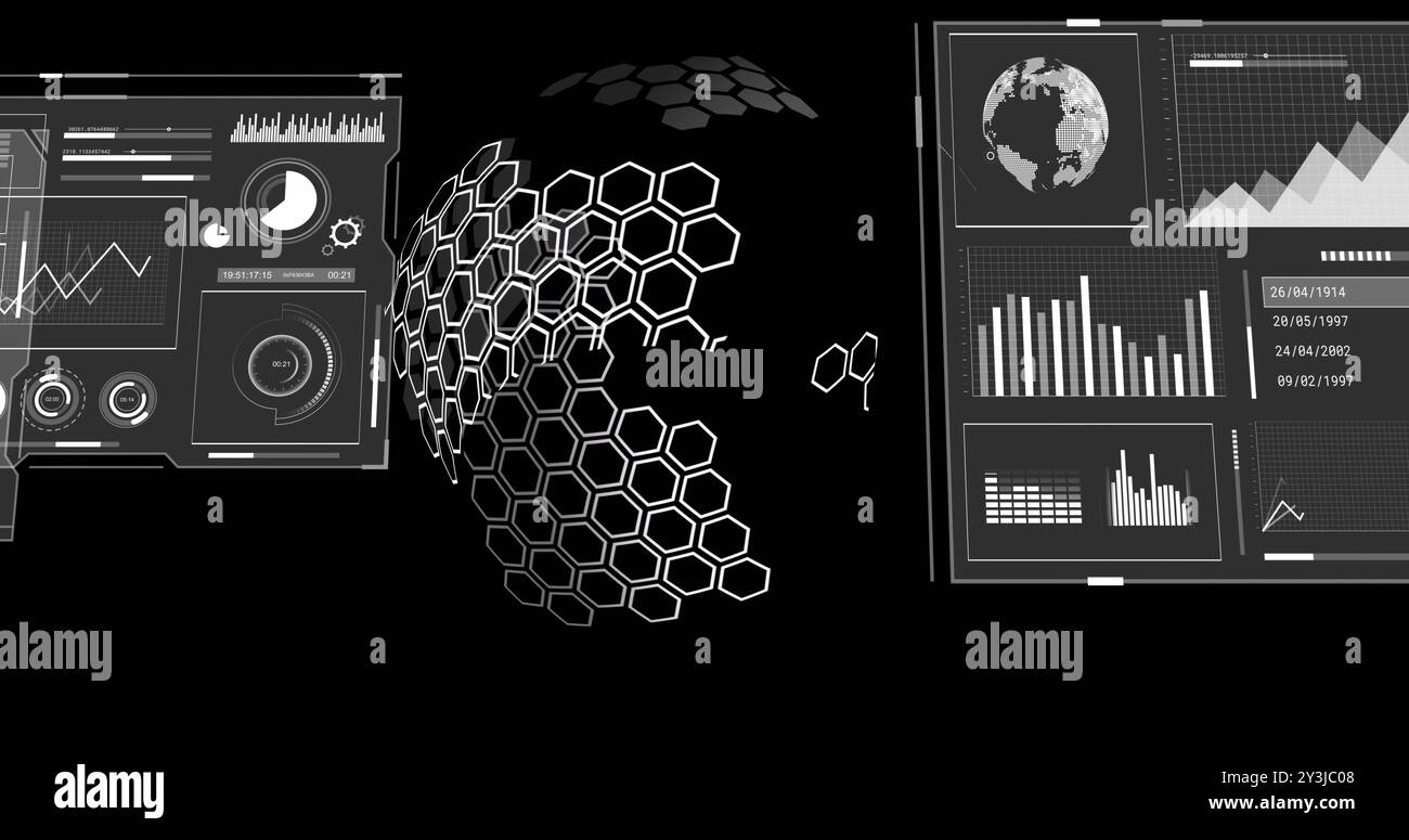 Image of digital data processing and globe over black background Stock Photo