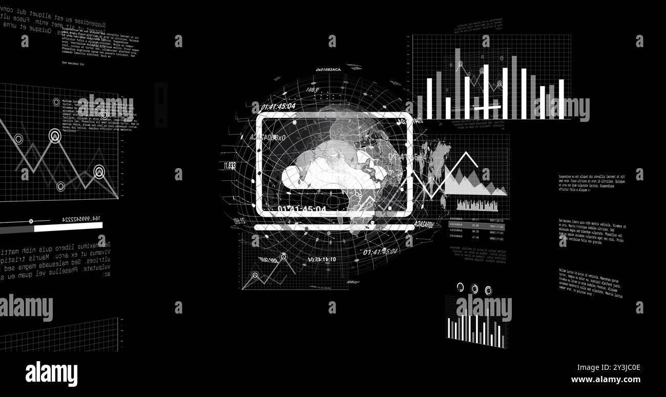 Image of financial data processing and globe over black background Stock Photo