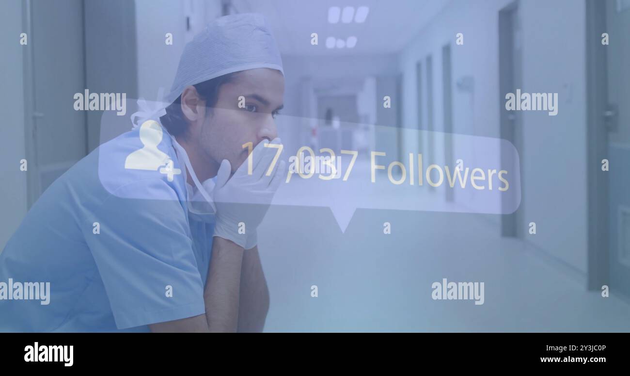 Thinking deeply, healthcare professional with 235,780 followers image over hospital corridor Stock Photo