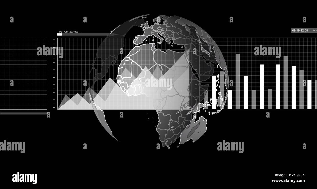 Image of financial data processing and globe over black background Stock Photo