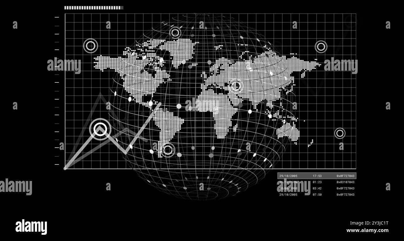 Image of digital data processing and globe over black background Stock Photo