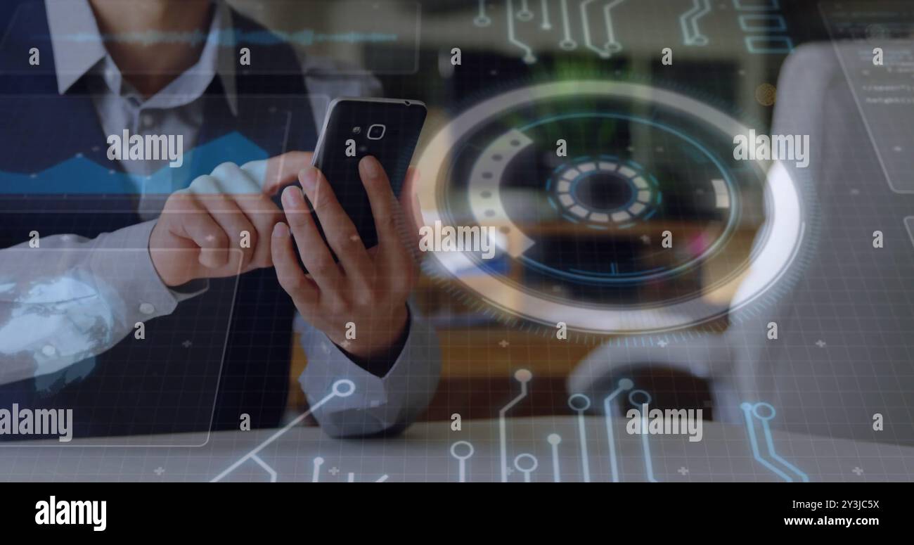 Image of data processing and scope scanning over caucasian man using smartphone Stock Photo